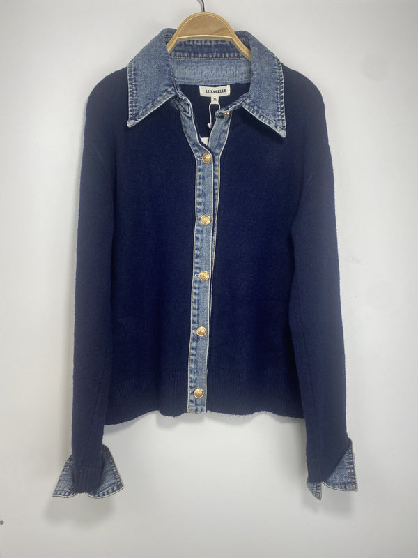 Chambray Denim Trim Button-Front Cardigan