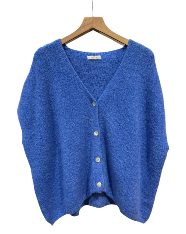 Blue cardigan made from kid mohair and wool mix