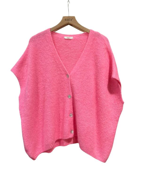 Pink buttoned sleeveless cardigan made from kid mohair and wool mix