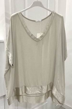 Satin trim t-shirt top beige