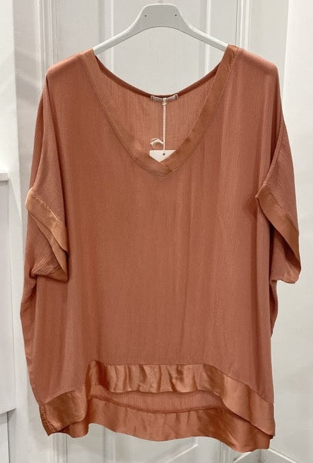 Terracota satin trip t shirt top