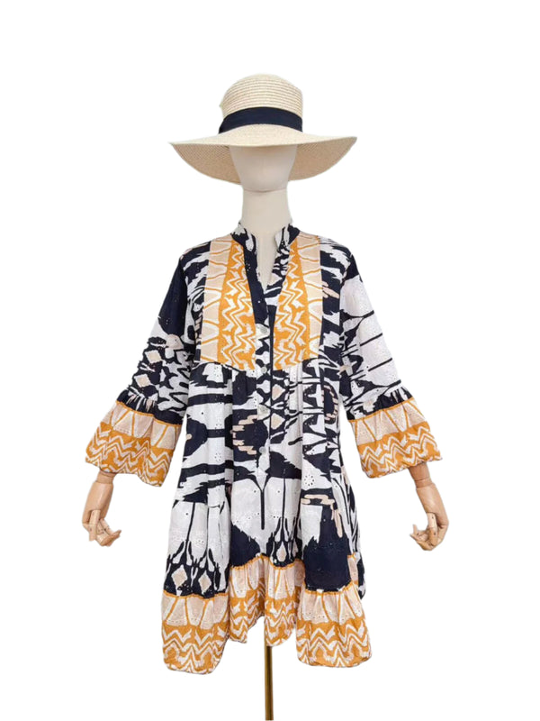 BLACK AND YELLOW Short Embroidery Dress