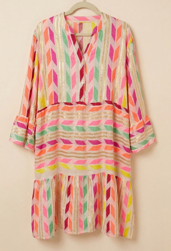 Colourful summer bach dress with gold flecks