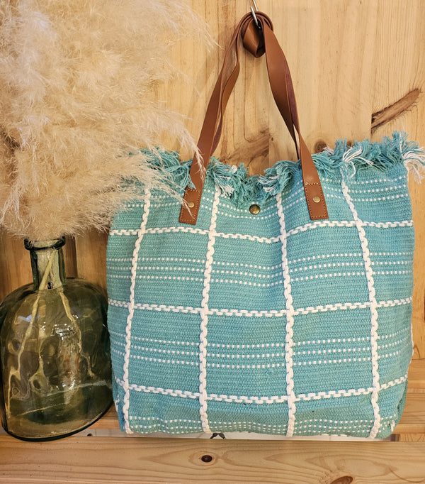 TURQUOISE Tote w/Leather Handle