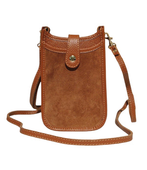 Brown italian leather phone crossbody bag in colour tan