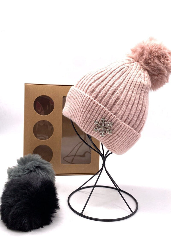 Beanie set with snowflake detail, 3 removable pompon